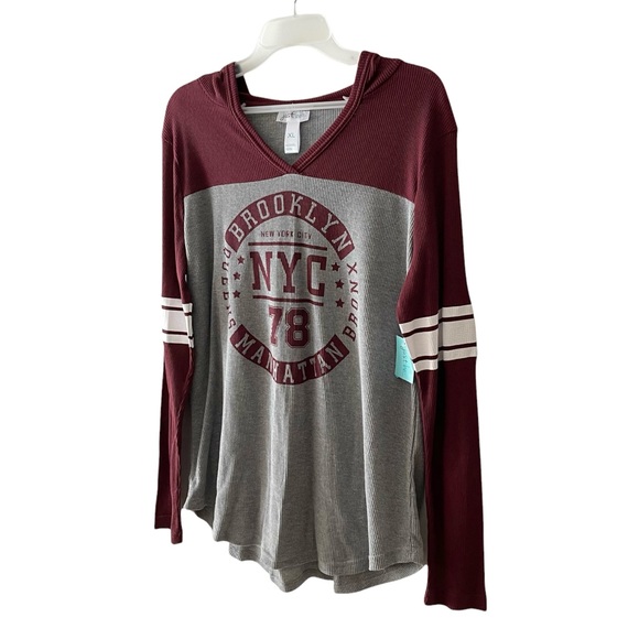 just be NYC Thermal Football Style V-neck Hooded Long Sleeve Shirt - Picture 11 of 16